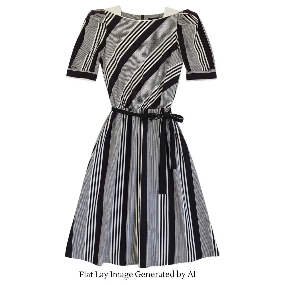 Vintage Brown & White Striped Midi Dress | Handmade 1980s Elastic Waist - Picture 6 of 16